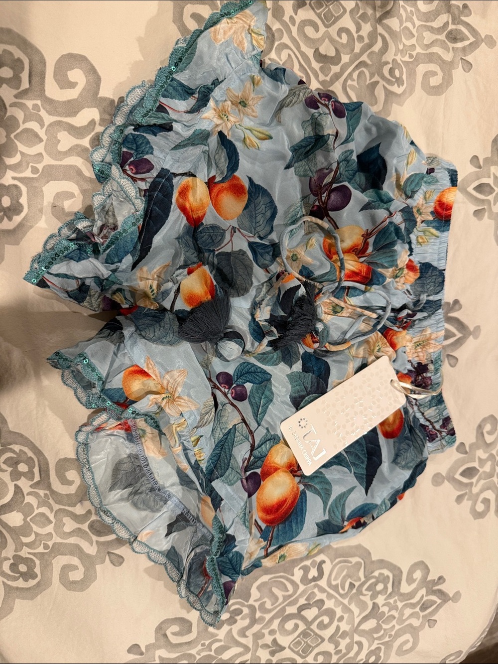 TAJ by Sabrina Crippa Light Blue Fruit-Patterned and floral silk Shorts